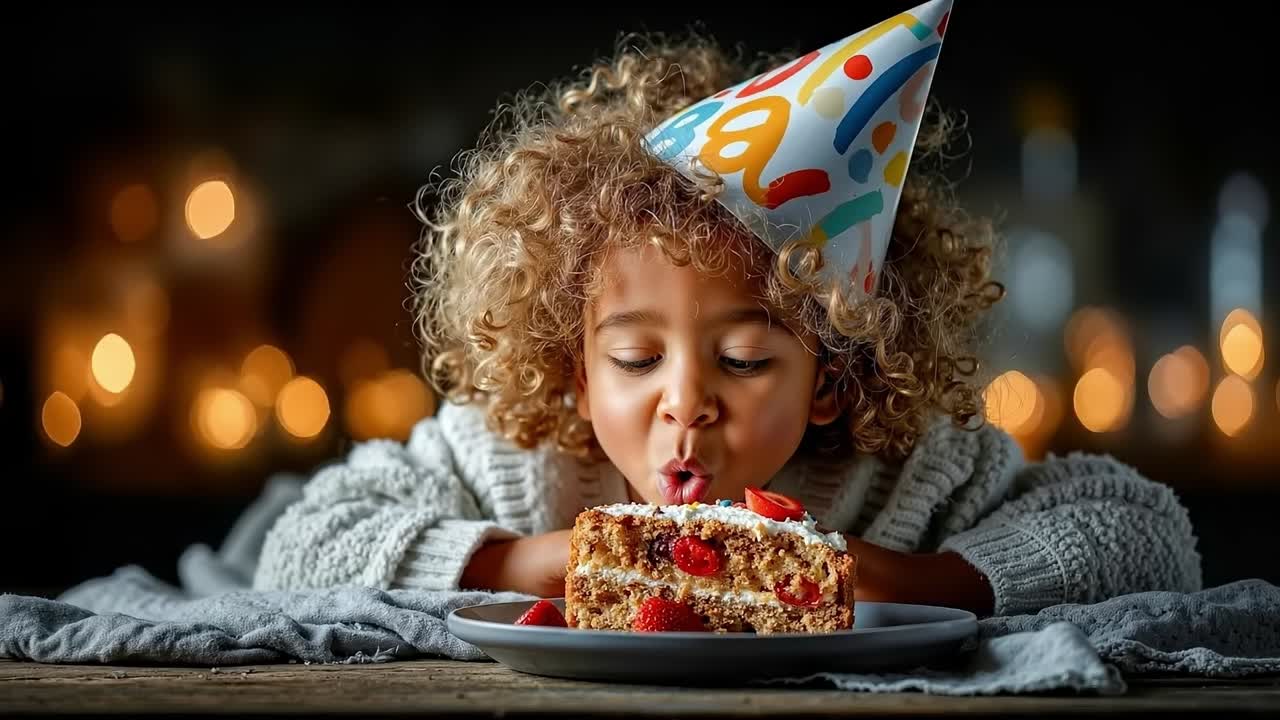 A little girl in a party hat eating a piece of cake