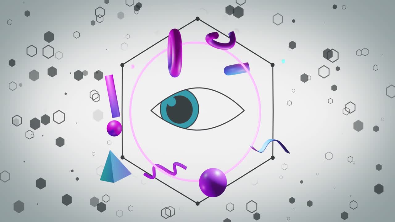 animación de formas en movimiento y icono de ojo en fondo blanco