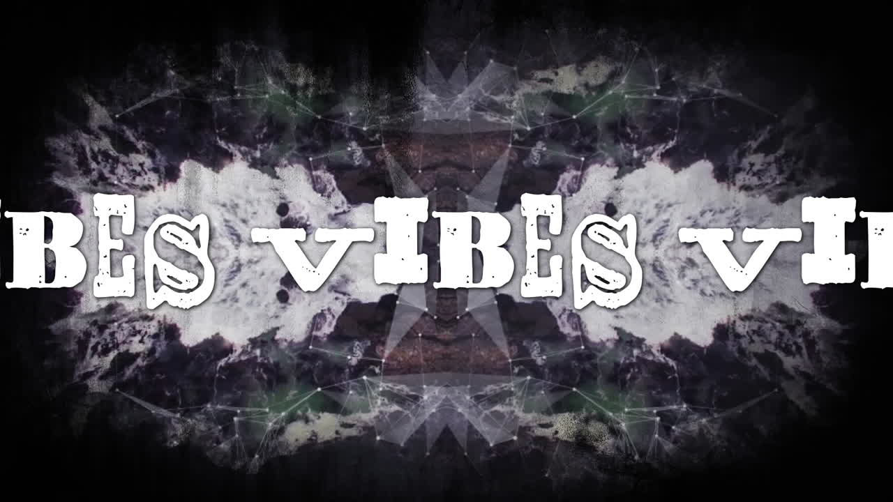 animación de vibraciones en texto blanco con distorsión de color sobre formas caleidoscópicas grises