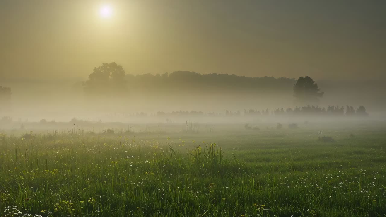Aurinko paistaa ylävasemmalla, lämmittäen maaseudun niittyä aamunkoitteessa ja nostaen usvaa paljastaen villikukkia.