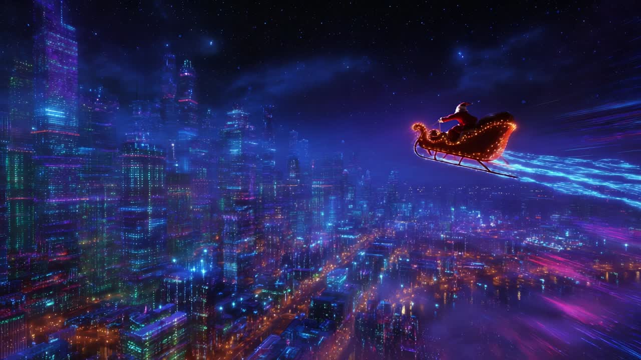 A Glorious Sleigh Journey Through a Neon Cityscape at Night, Where Vibrant Lights and Futuristic Skyscrapers Illuminate the Sky, Bringing Joy and Wonder to All Who Witness the Magical Scene