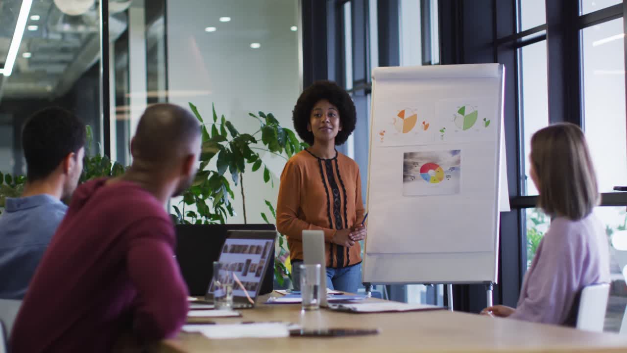 diversas personas de negocios sentadas escuchando una presentación en la oficina