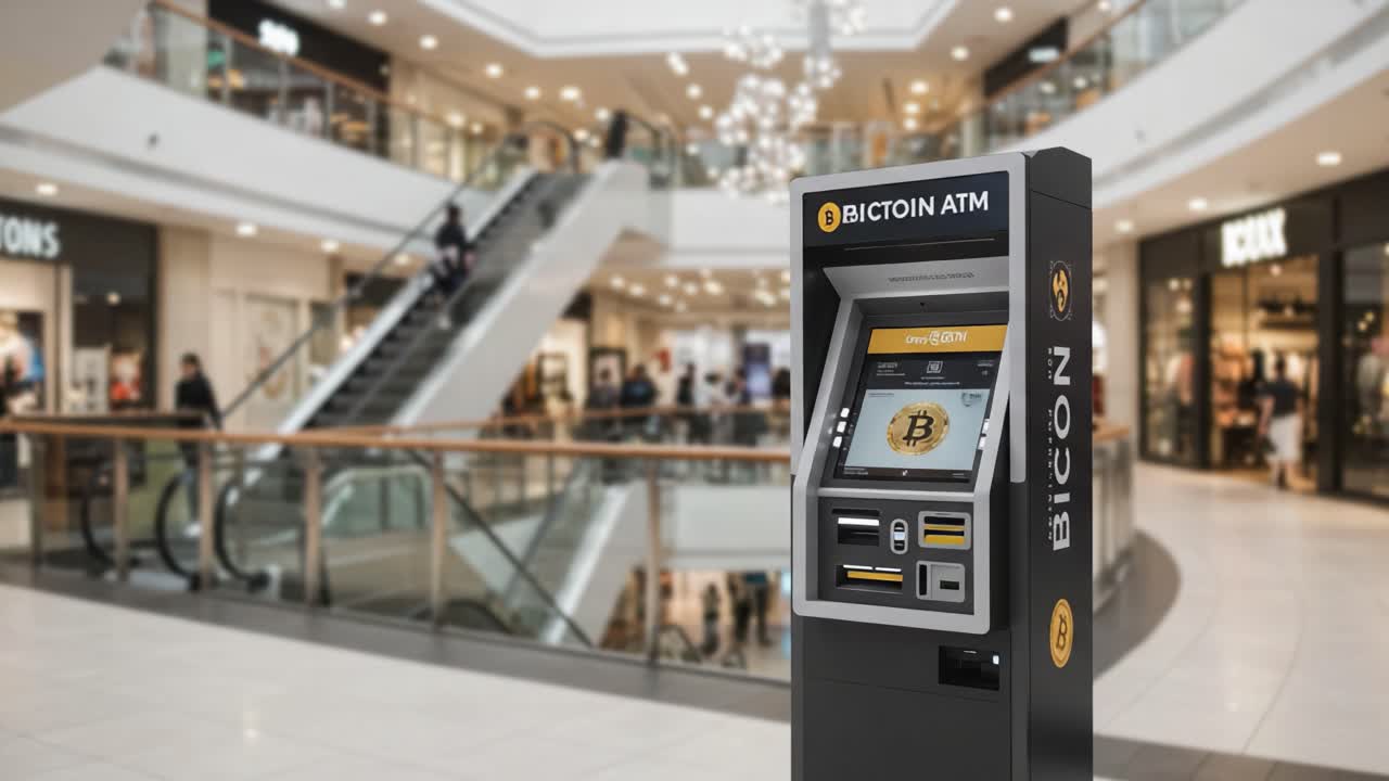 A modern Bitcoin ATM stands prominently in a shopping mall, surrounded by shoppers and escalators, highlighting the intersection of technology and retail commerce
