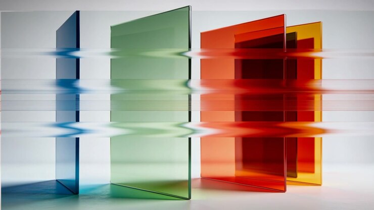 Sweeping ripple causing shifting colored panels on white table and creating mirrored bands