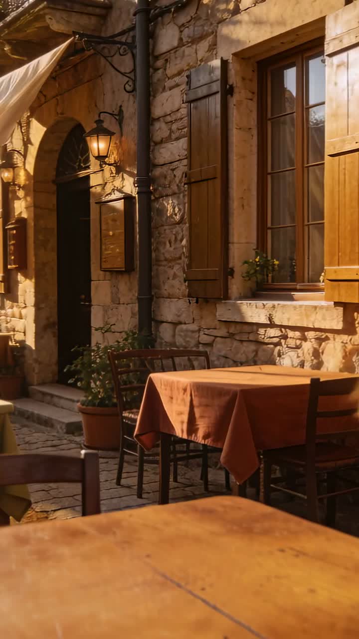 Video verticale: Mostra un tavolo con segni intagliati che riceve la luce mentre la brezza solleva la tenda da sole di un caffè.