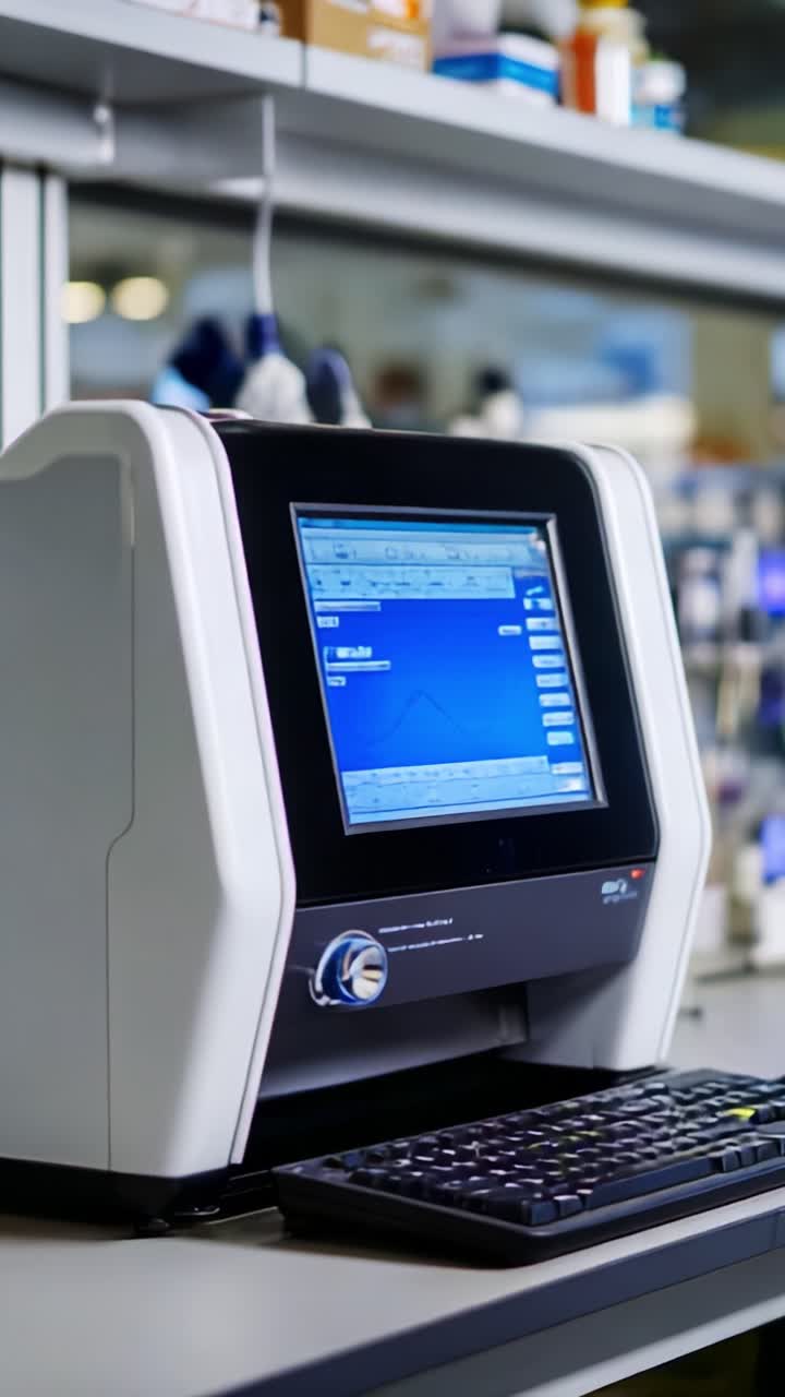 Attrezzatura da laboratorio avanzata che mostra un'interfaccia software interattiva per l'analisi dei dati scientifici e la ricerca in un ambiente high-tech