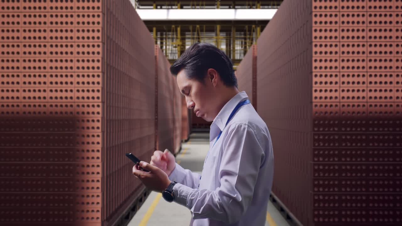 Side View Of An Asian Male Professional Worker Standing With His Smartphone With Red Brick Packed in Stacks Are Stored, Checking With Dissapionted And Nodding His Head