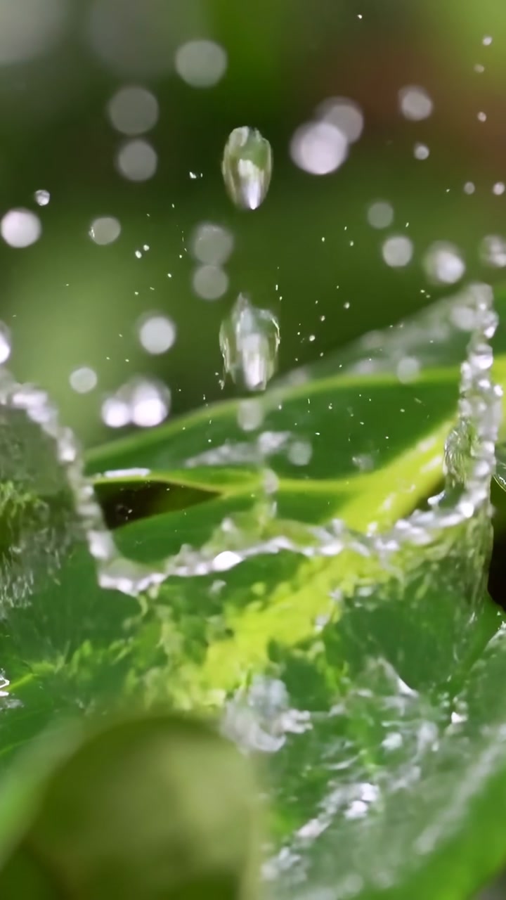 Vertical video: Falling droplets by drips hitting glossy green leaf on plant, making crown sprays