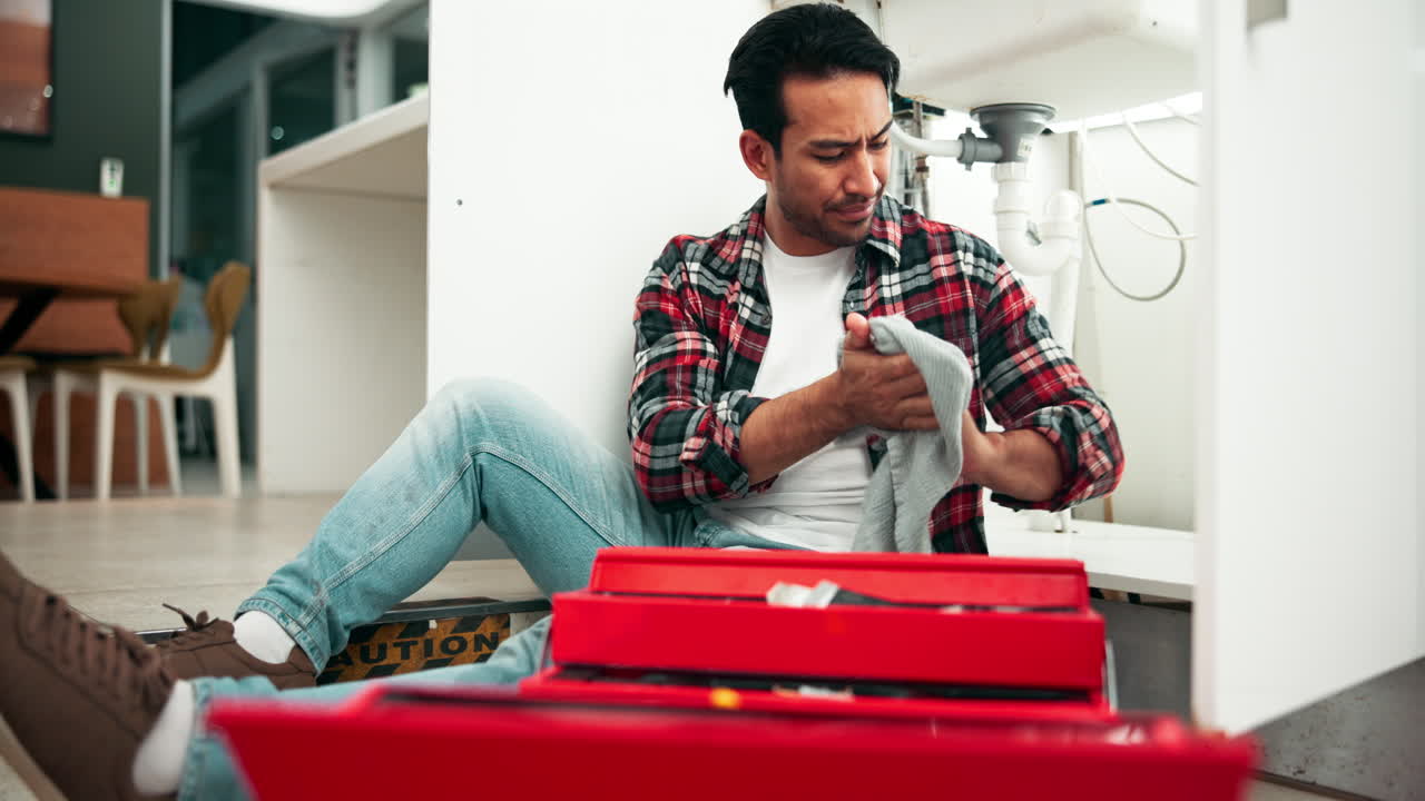 Frustrated plumber repairing sink