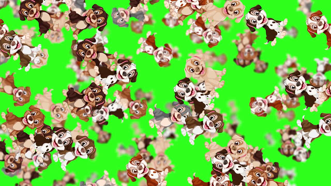 Cães animados caindo contra um fundo verde