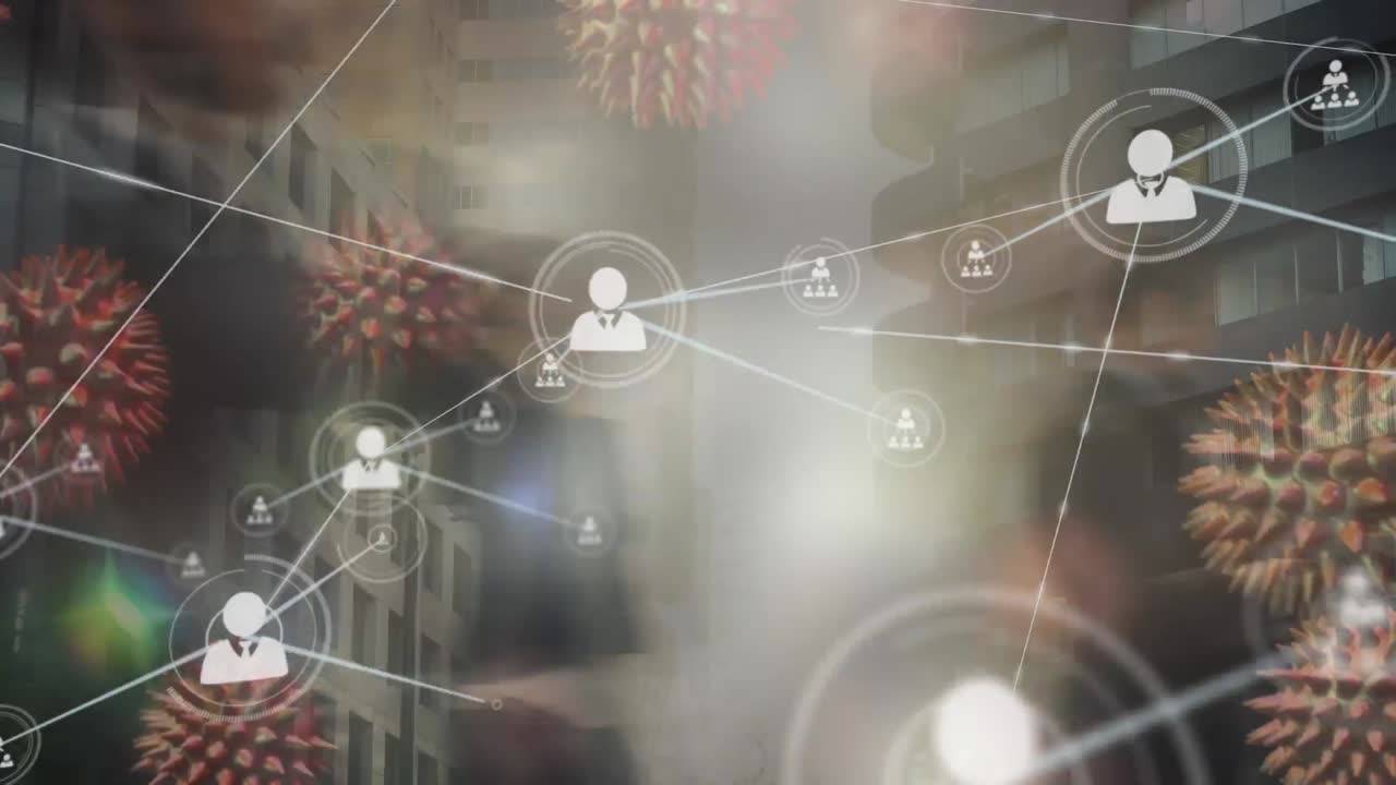 대규모 코로나바이러스 코로나19 세포가 사람들 위에 퍼지는 애니메이션 아이콘과  ⁇ 는 사람들