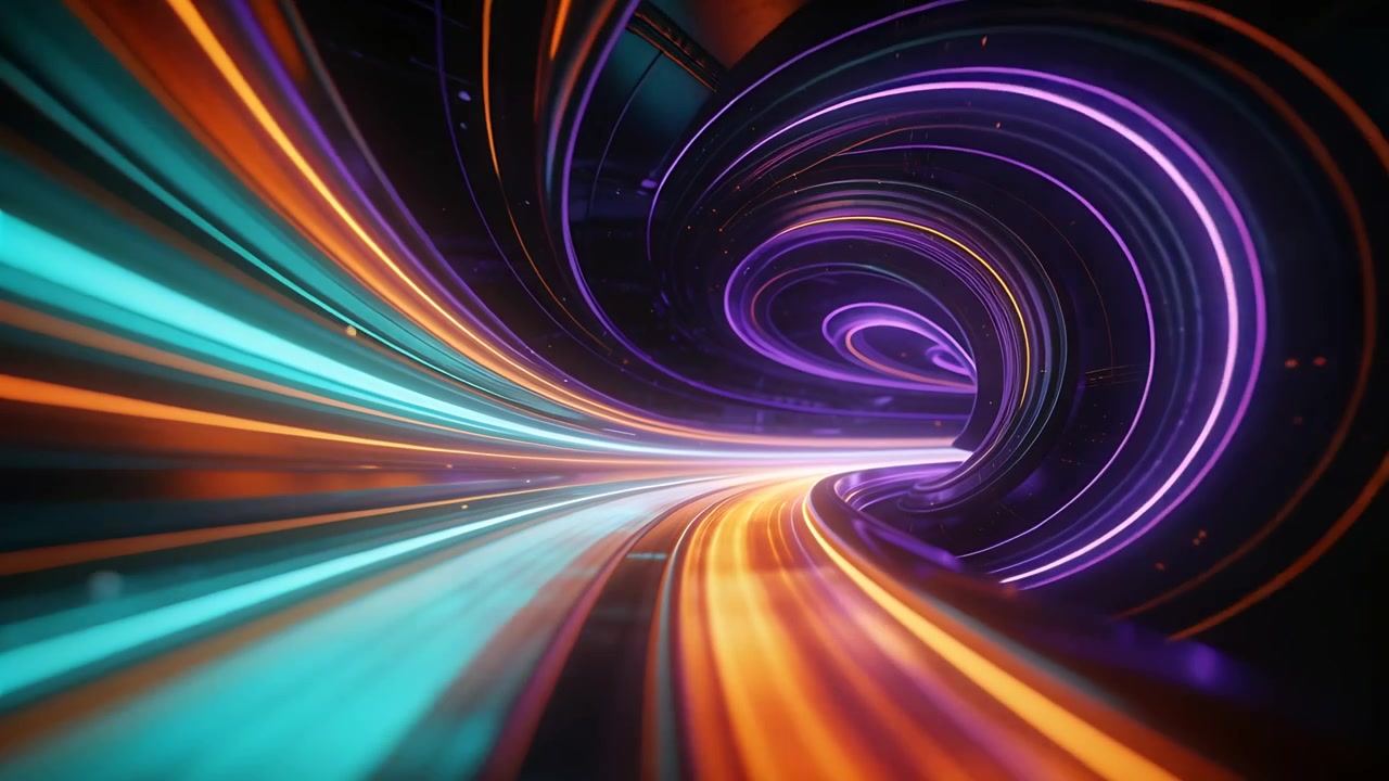 Percorso di nastro verde acqua-arancione che scivola, emergendo da linee di movimento in una spirale ad anello viola, spingendo in avanti.