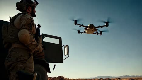 military personnel operating drone near a truck