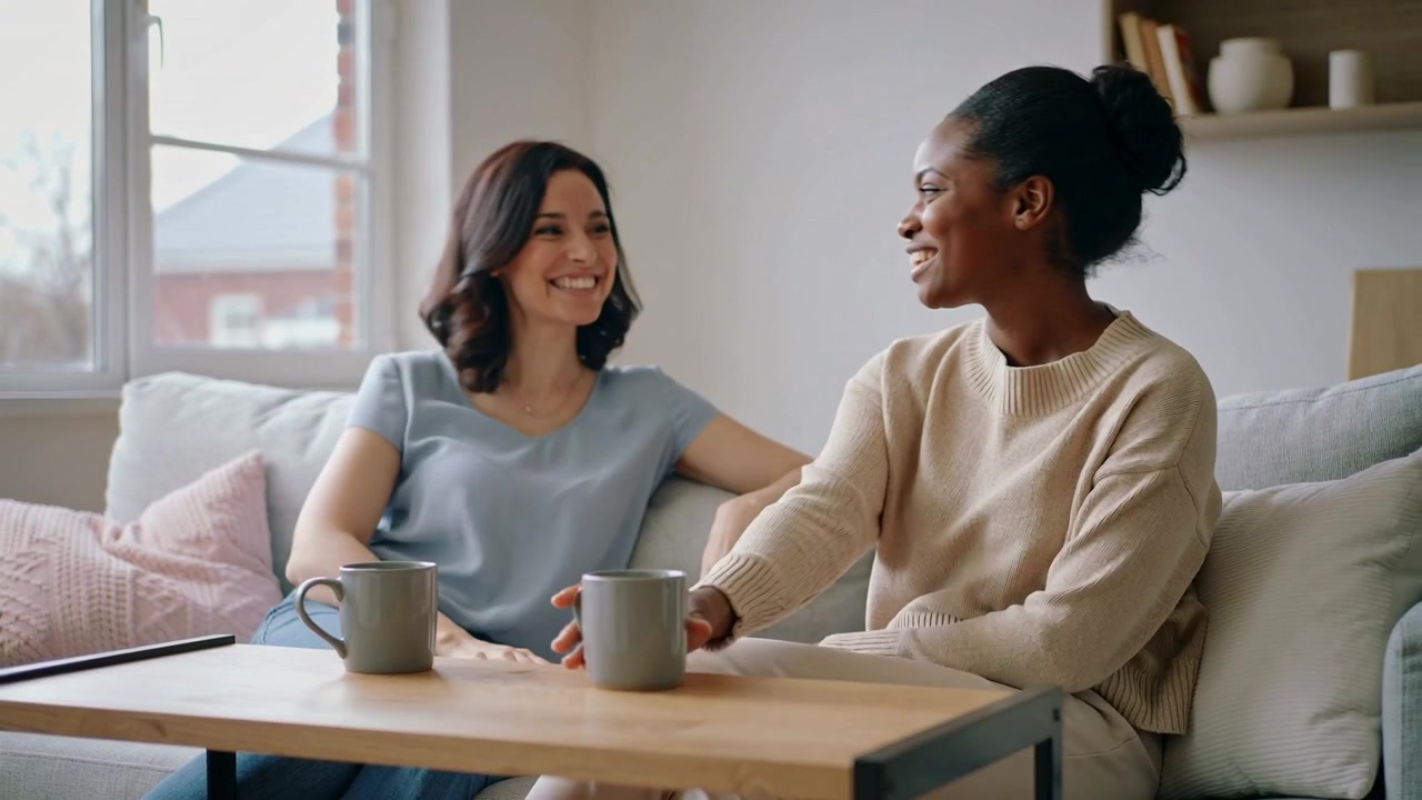 After right woman lifting mug, two women in casual clothes sipping, laughing, catching up on sofa