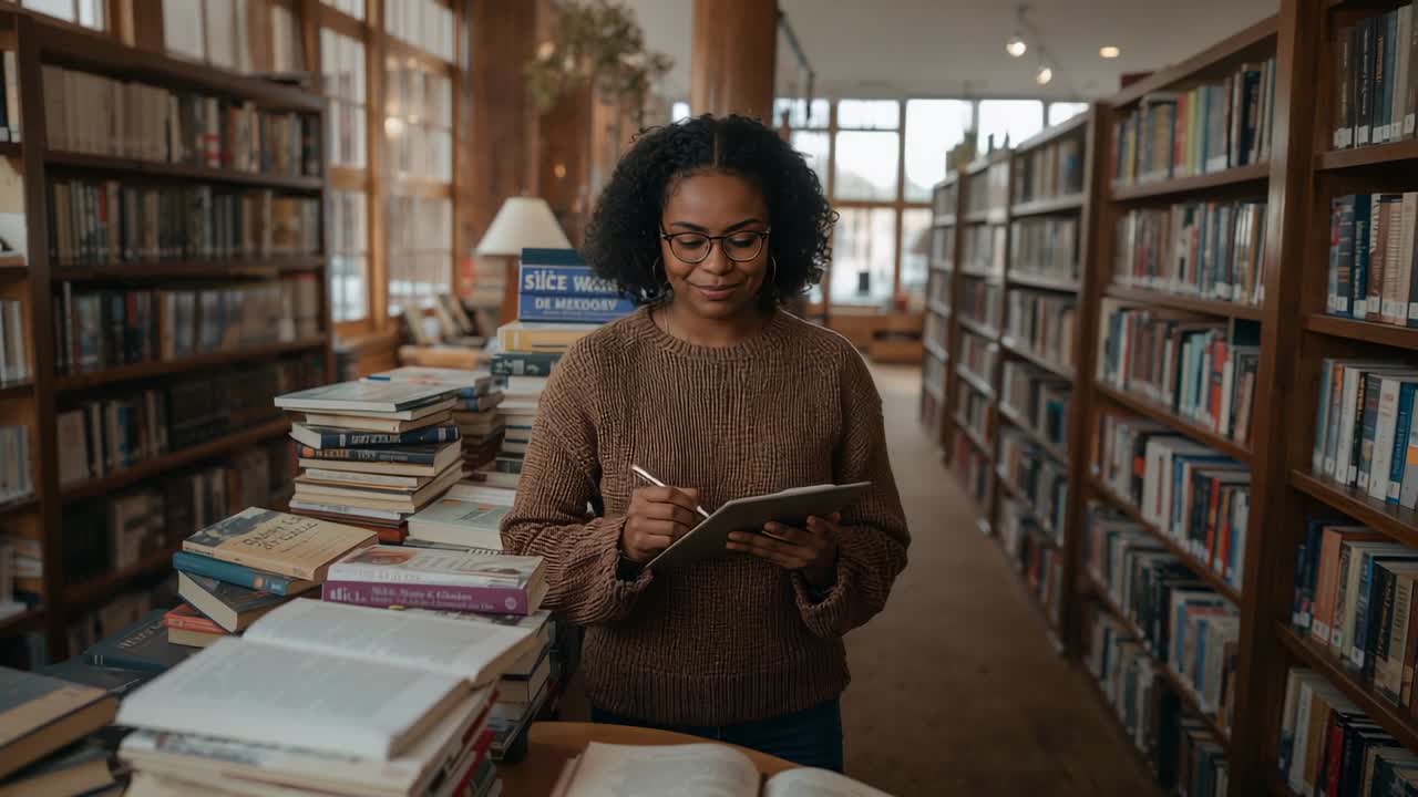 Frau in braunem Pullover konsultiert ein Bibliotheksbuch, schreibt mit einem Stift in ein Notizbuch und blickt zum Studium auf.