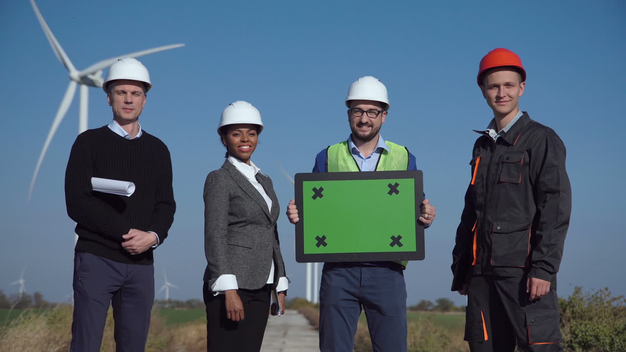 Team of Engineers with Green Screen at Wind Farm