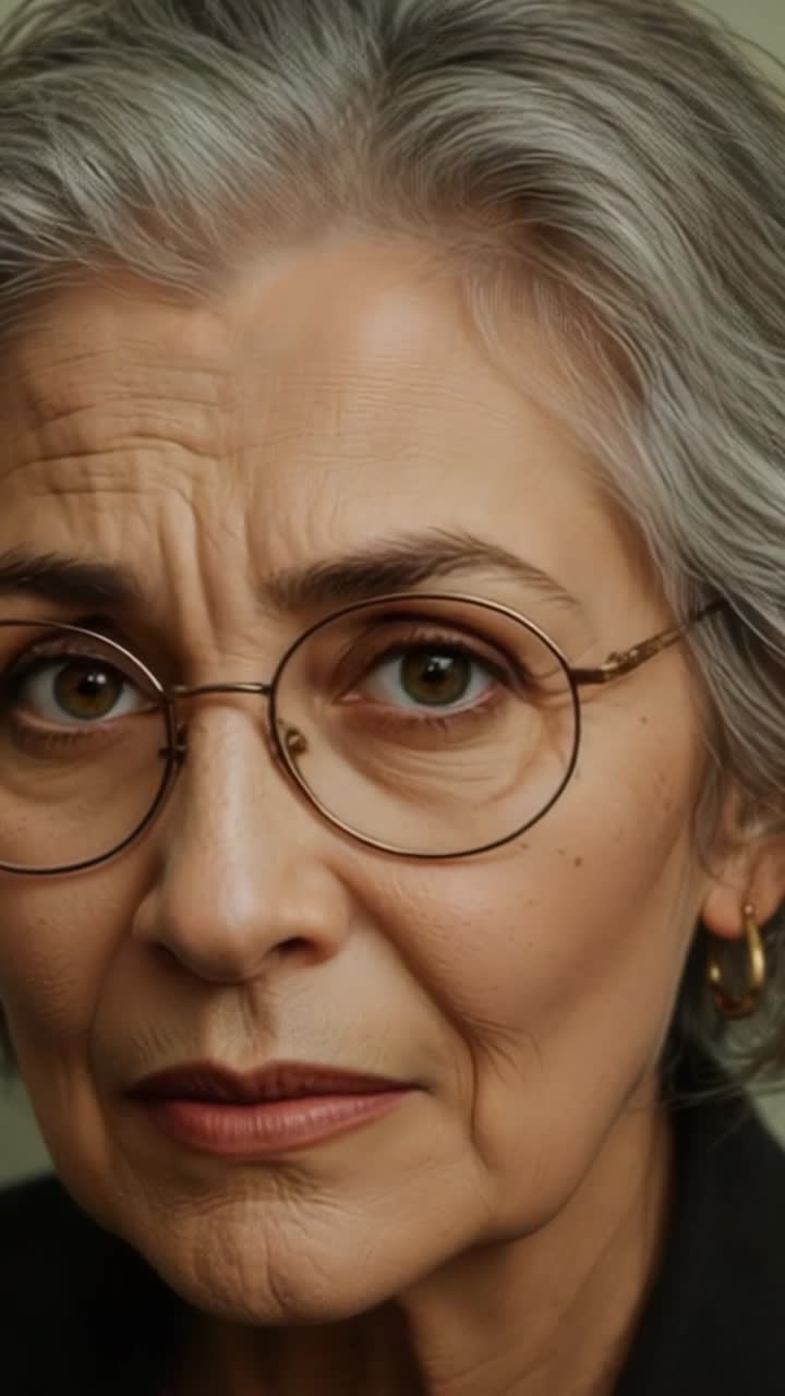 Vertical video: Opening close-up woman meeting camera gaze on green backdrop, glasses and earrings