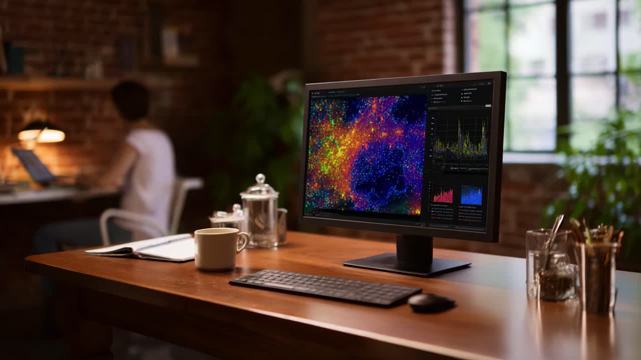 A Modern Workspace Displaying a Colorful Data Visualization on a Computer Screen, Featuring Cozy Workspace Elements and a Relaxed Ambiance in a Brick Wall Setting
