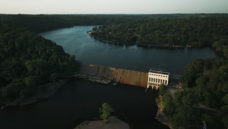 aerial view of hydroelectric facility on the zumbro river in rochester municipality, minnesota, united states