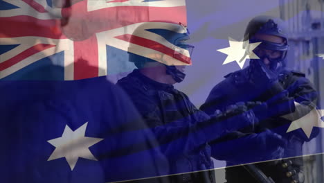 animation of flag of australia over caucasian male soldiers discussing strategy