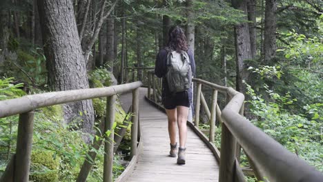 girl being active on a walk through the forest on wooden walkways