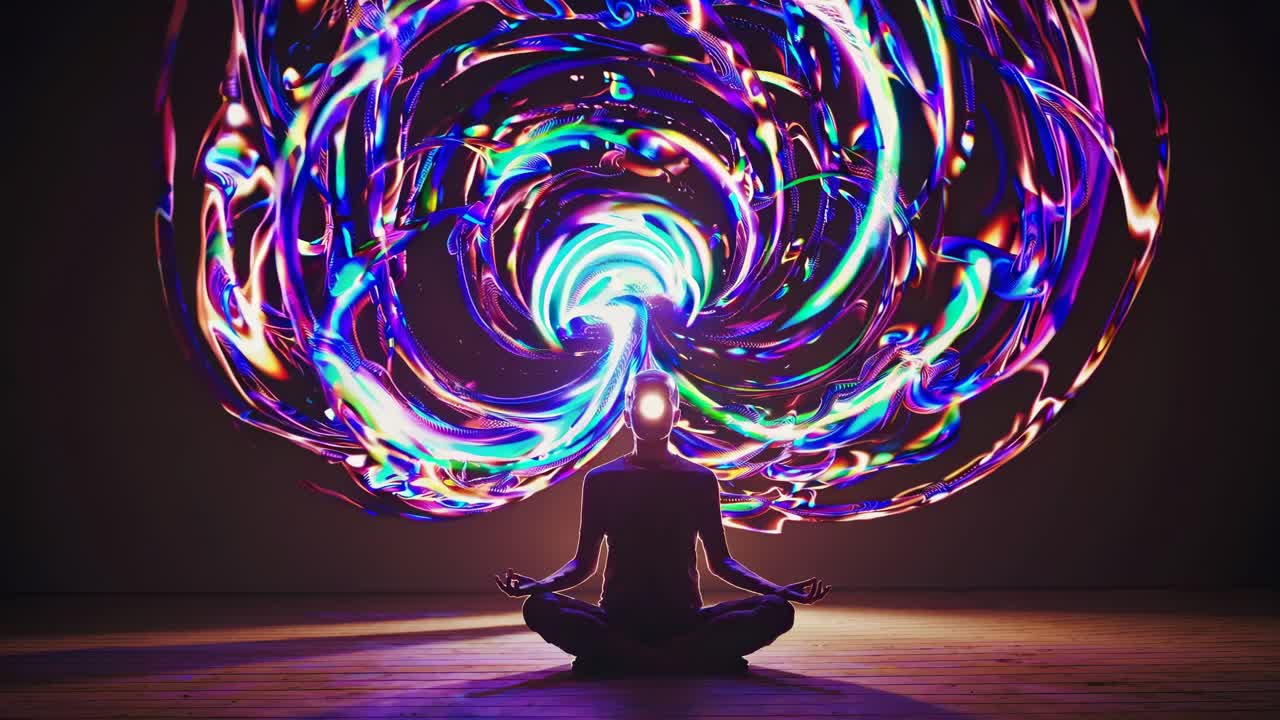 Persona che medita con energia cosmica