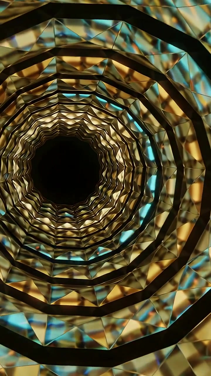 Video verticale: Tunnel anellato scintillante che si muove in studio rivelando un'apertura centrale e una luce calda.