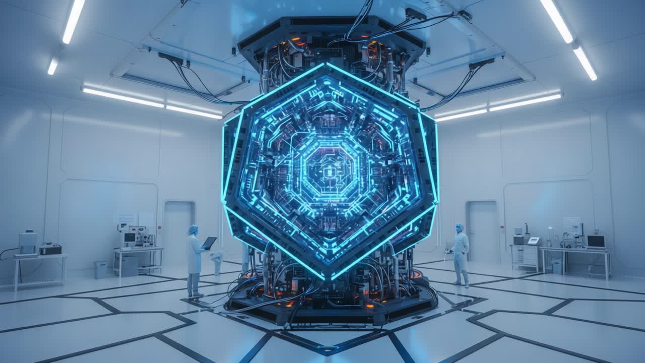 Exploring the Future of Technology: Scientists Analyzing a High-Tech Hexagonal Processor in a Futuristic Laboratory Environment with Advanced Machinery and Equipment