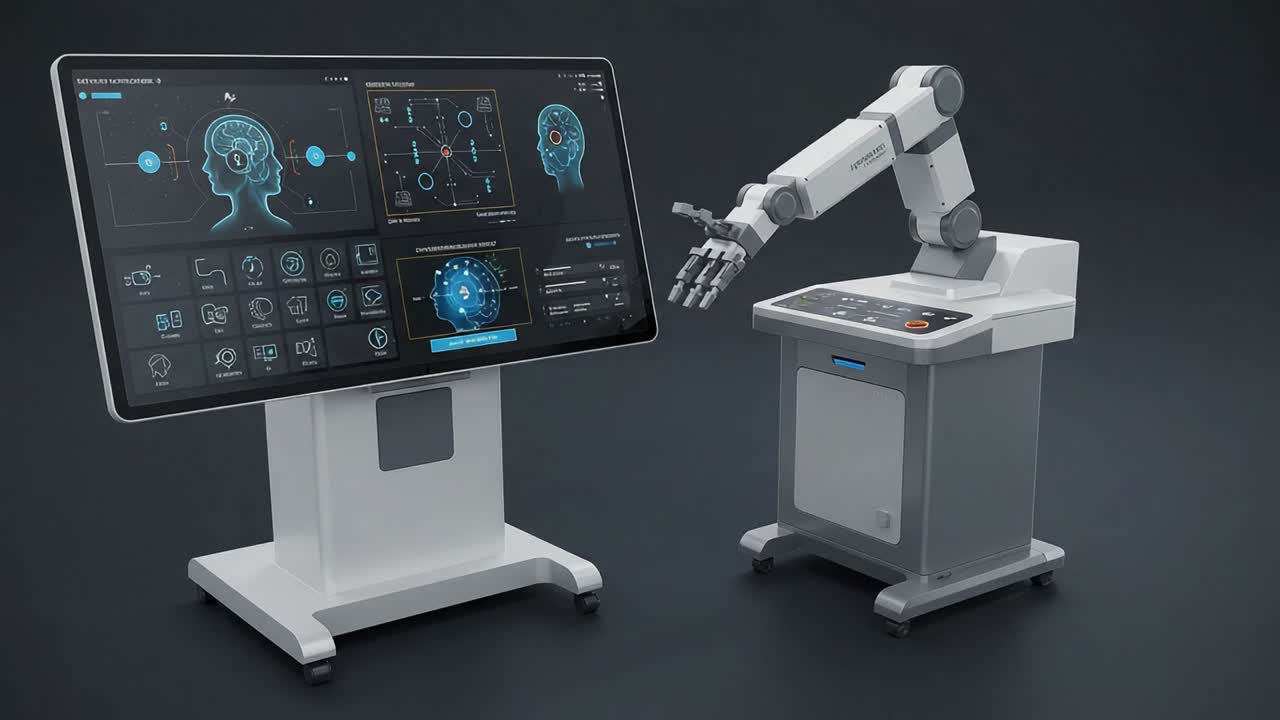 Exploring the Future of Robotics: A Cutting-Edge Robotic Arm Interfacing with an Advanced Display Panel Showcasing Innovative Tech Concepts and Data Visualization
