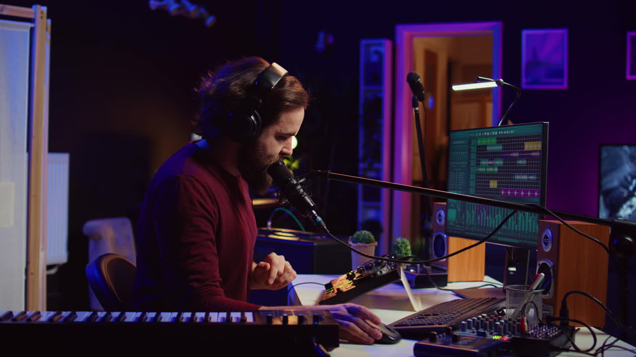 Sound engineer recording backing vocals and singing on microphone
