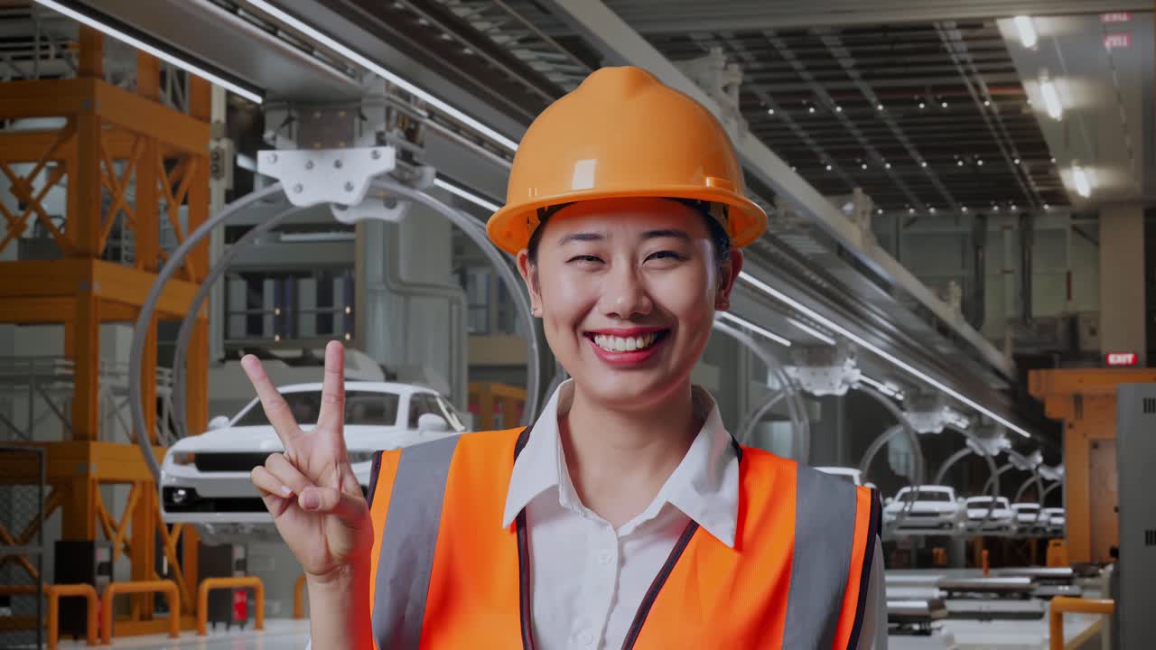 안전 헬을 입은 아시아 여성 엔지니어가 미소 짓고 ev 자동차 공장에서 서서 평화의 몸짓을 보여줍니다.