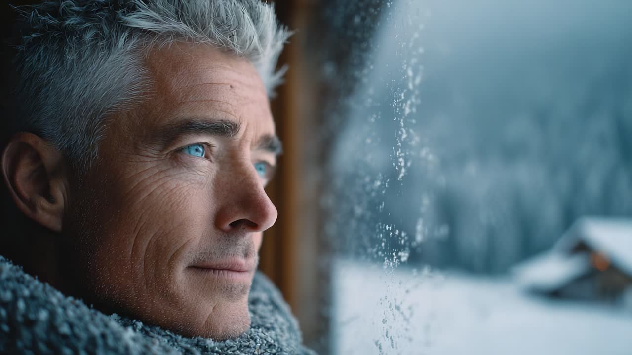 Ein nachdenklicher Mann blickt aus einem Fenster und reflektiert über die verschneite Winterlandschaft, wobei er Momente der Selbstreflexion und Ruhe in einer heiteren Umgebung betont