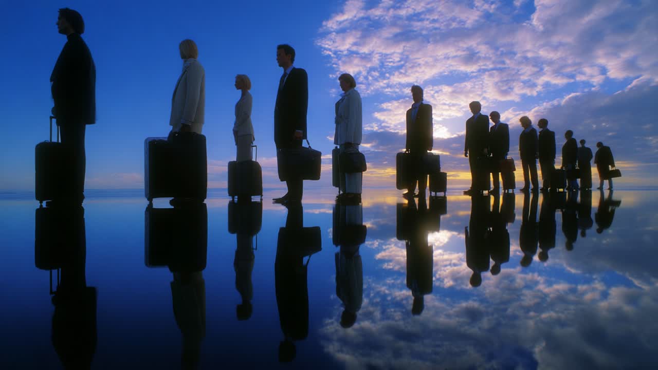 A group of professionals dressed in formal attire stands in line, each holding a suitcase, set against a stunning sky as the sun sets, creating a silhouette effect and captivating reflections on the ground