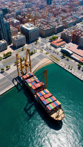 container ship in a port city