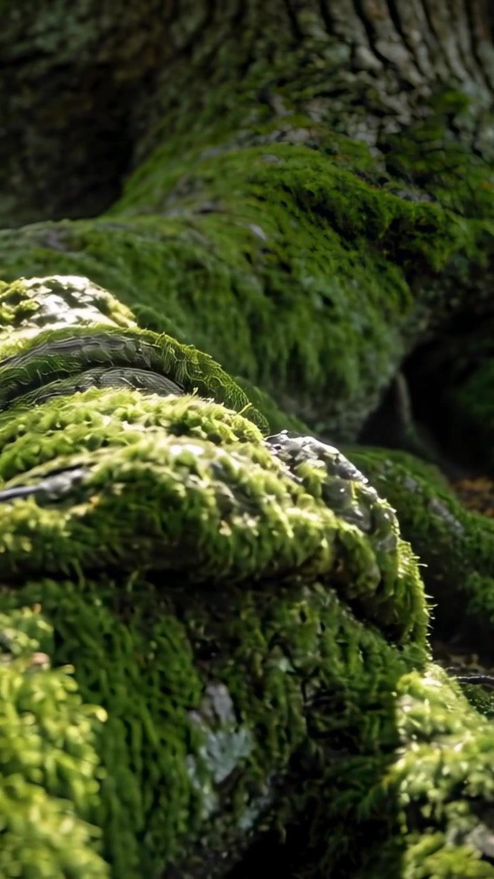 Video verticale: Telecamera che si ritrae rivelando una radice muschiosa sul suolo della foresta, mostrando texture a strati.