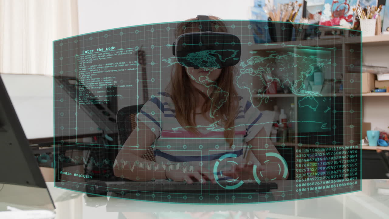 Woman in VR headset coding with world map interface