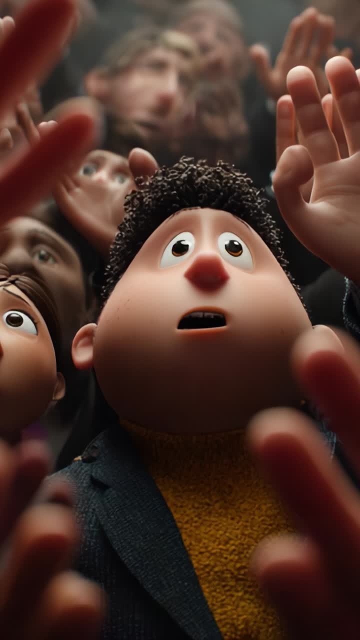 Animated Characters Expressing Awe and Anticipation in a Crowded Scene: Captivating Moment of Wonder and Curiosity within a Community of Enthusiastic Individuals