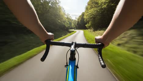 a dynamic view of cycling adventure: experience the thrill of riding on a winding path surrounded by nature with hands gripping the handlebars and a scenic background