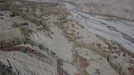 panorama landscape on sharp curve of indus river, rock mountain range and wide area of sand in the sunny day in skardu, gilgit balistan, pakistan