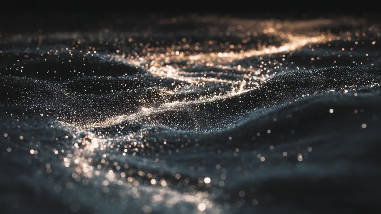 A mesmerizing close-up of sparkling water droplets glistening under soft light, creating a beautiful interplay of reflections and shadows in a serene aquatic environment