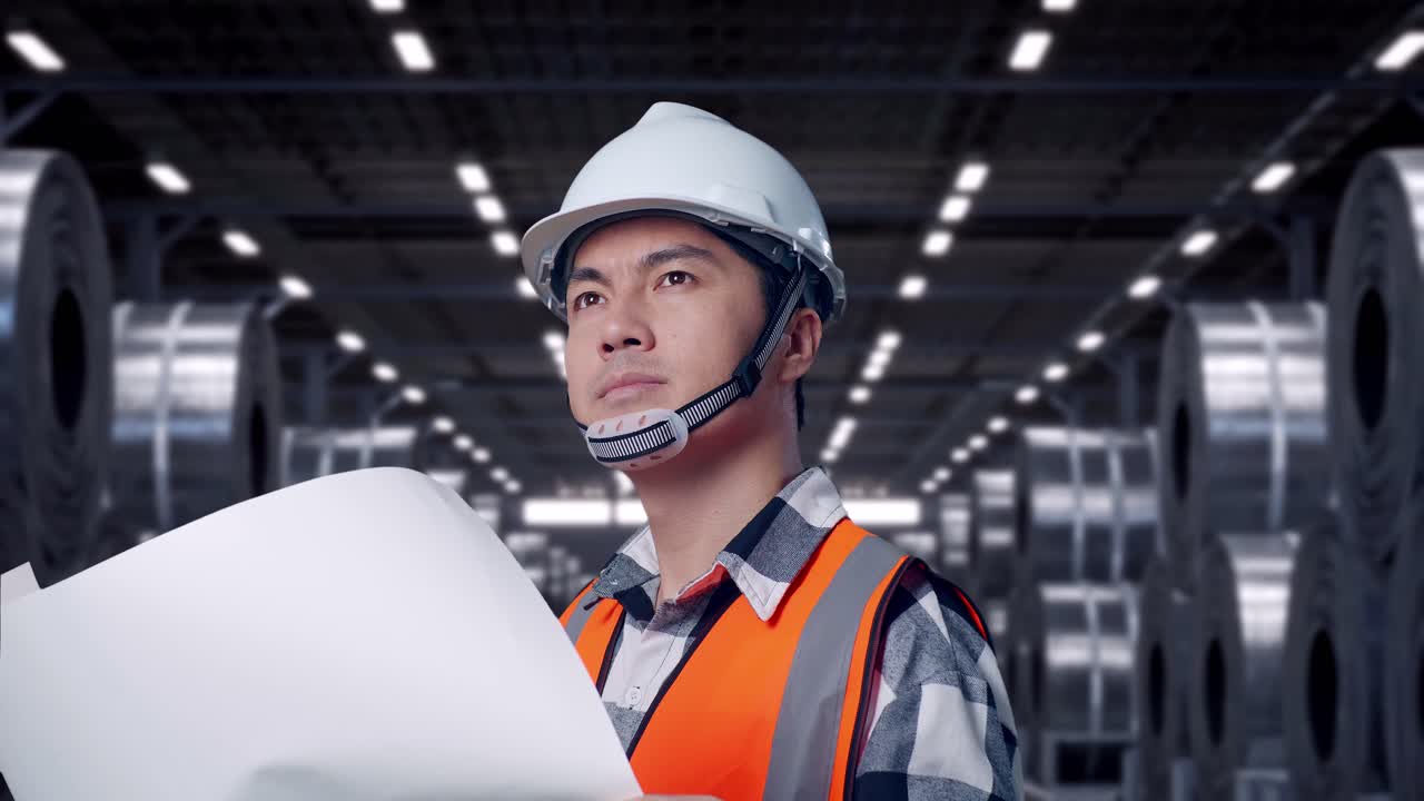 Close Up Side View Of Asian Male Engineer With Safety Helmet Looking At Blueprint In His Hands And Looking Around While Standing with Stacks of Huge Metal Steel Coils