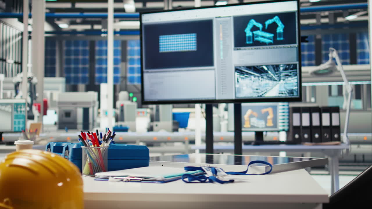Monitor In Green Energy Solar Panels Plant With Software Used To Optimize Layouts