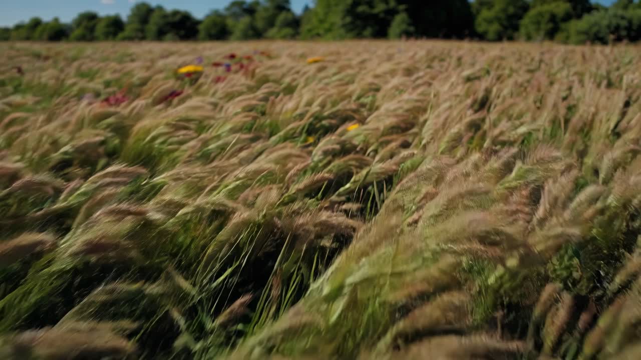 En fredfyldt landskabsvideo, der fanger en vidvinkeludsigt over en grøn eng under en klar blå himmel.