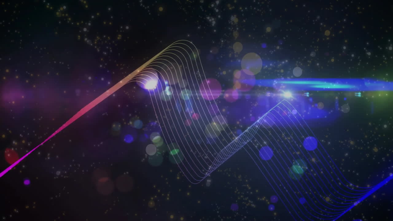 Colorful light waves and particles animation over dark starry background