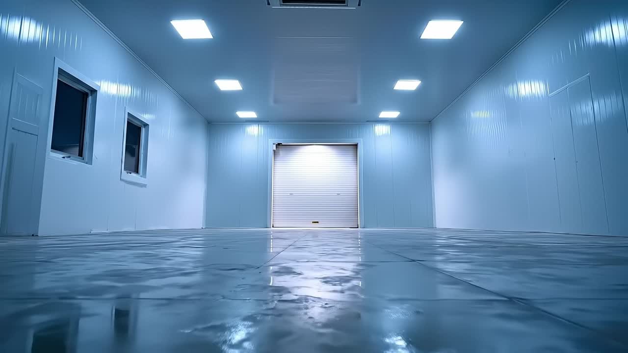 A large empty room with a white wall and a door