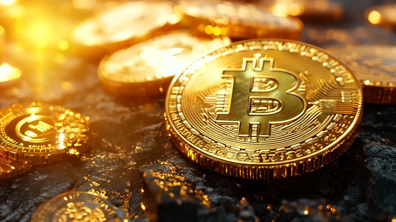Bitcoin shines in a dark cave. A gold bitcoin coin illuminates a dark cave, bathed in beams of light from above, creating a magical atmosphere.