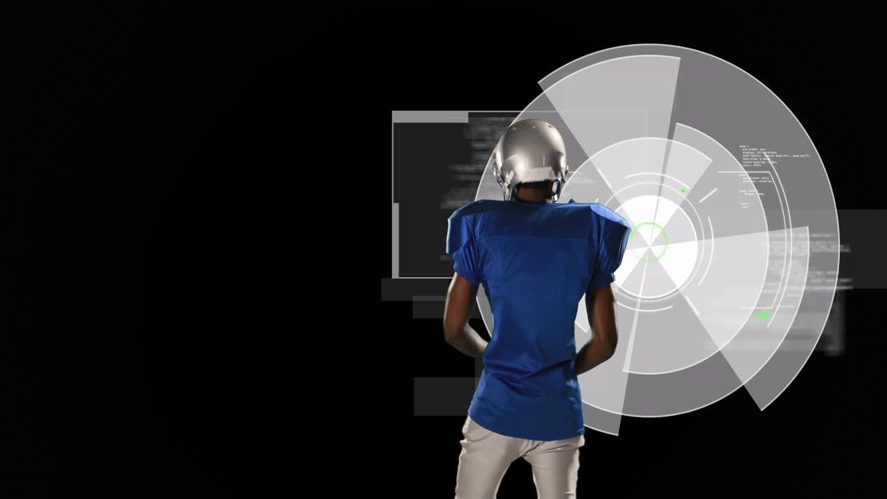 Animation of african american male american football player over digital data processing on screen