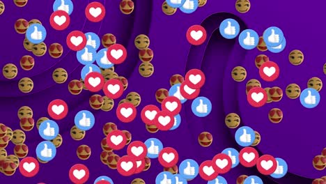 Animation-Von-Emoji-Symbolen-über-Formen-Auf-Violettem-Hintergrund