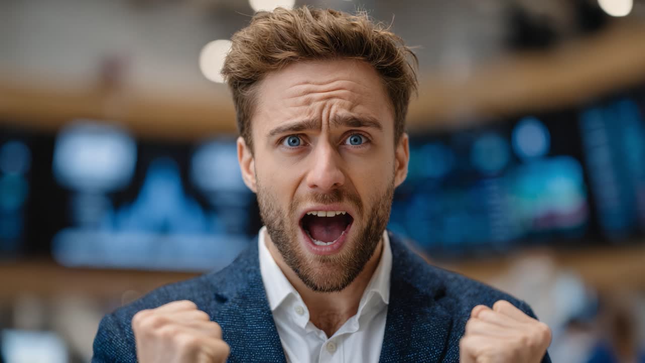 A man expresses intense excitement and triumph in a lively environment, showcasing powerful emotions through his facial expressions and body language
