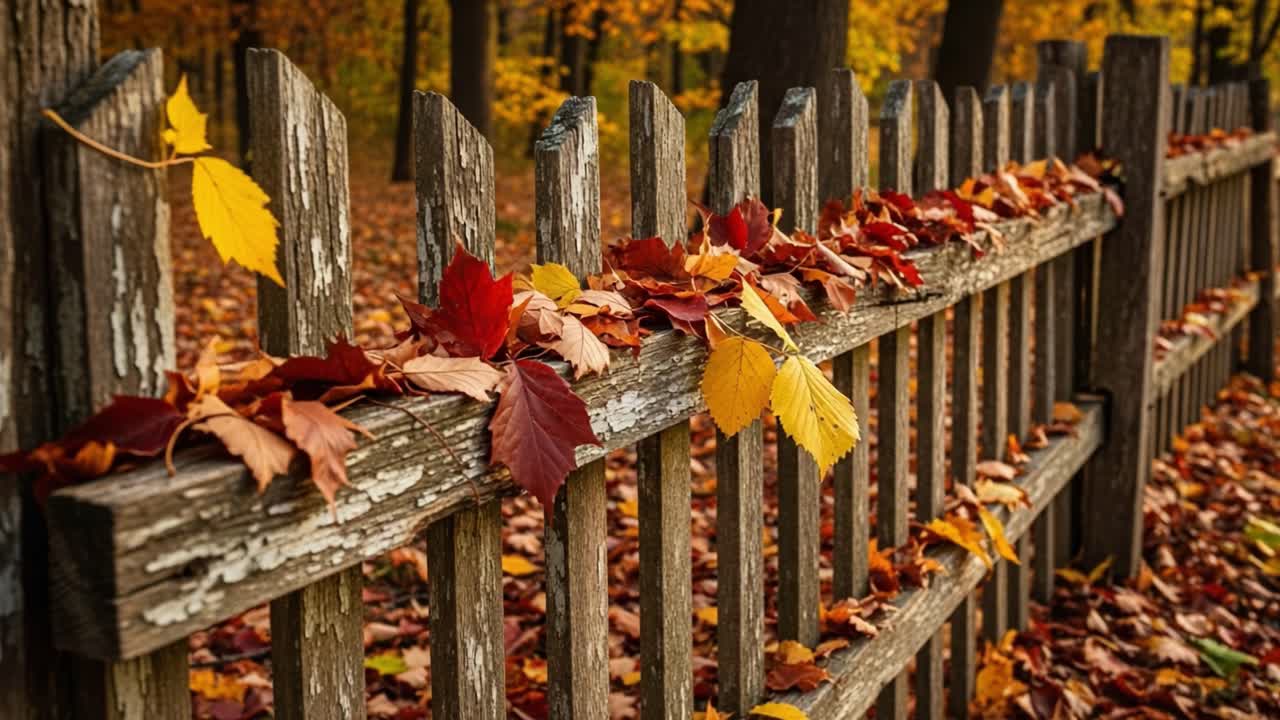 A Serene Autumn Scene: A Rustic Fence Adorned with Colorful Fallen Leaves, Creating a Tranquil Atmosphere Amidst the Vibrant Fall Foliage